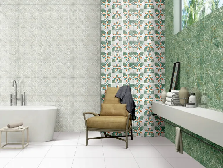 Modern master bathroom design with green floral tiles